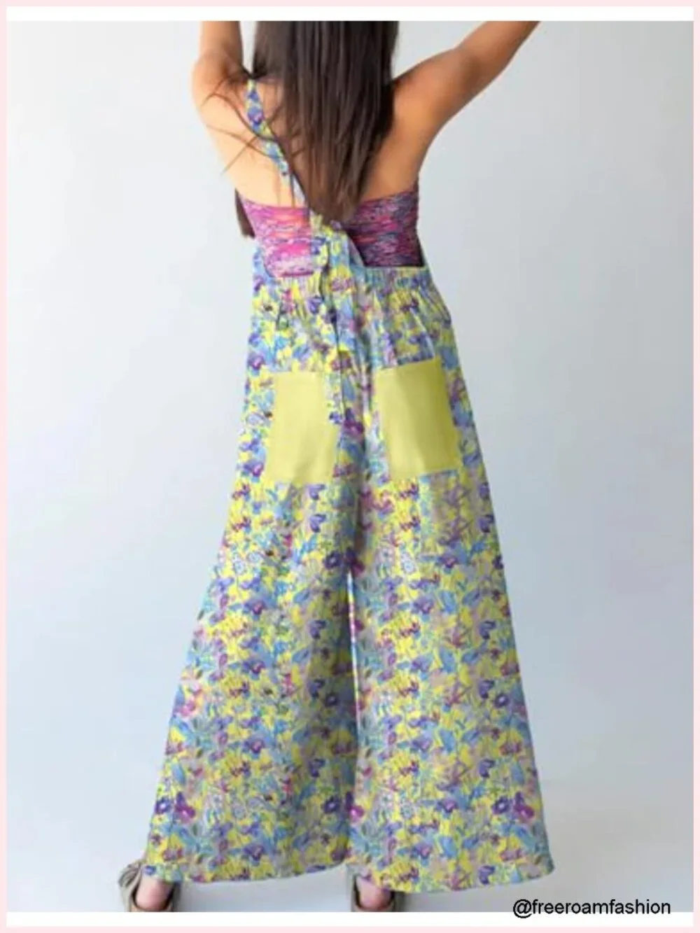 Wide Leg Jumpsuit with Pockets Adjustable Back Tie Boho Summer Romper